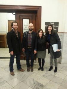 From left to right: Ryan Albritton of Sprouthood, Alderman Scott Ogilvie, Melissa Vatterott of MCE, and Delfina Grinspan of MCE intern and former student in Washington University's Sustainability Exchange stand outside the hearing room before the hearing begins. Photo credit: Whitney Sewell, STLFPC member and great ally in coordinating input from farmers in preparation for drafting Board Bill 296. 
