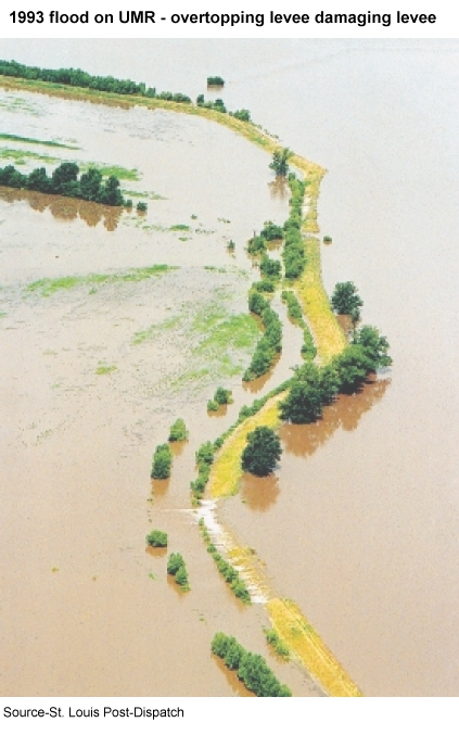 1993 flood on UMR overtopping levee damaging levee Source-St. Louis Post-Dispatch